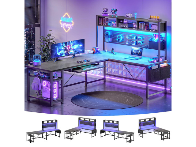 L Shaped Desk, 94.5 Inch Home Office Desk with Power Outlet & Pegboard, L Shaped Gaming Desk with LED Light, Keyboard Tray, Storage Shelves and...