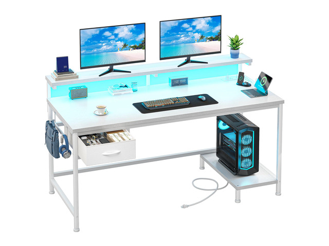 39.3Inch Computer Desk with Power Outlet & Drawer,Gaming Desk with CPU Stand& LED Lights,Corner Office Desk with Ergonomic Monitor Stand for Home...