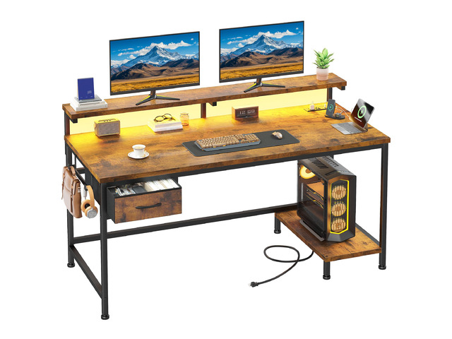 47.2 Inch Office Desk with Power Outlet & Ergonomic Monitor Stand,Gaming Desk with CPU Stand& LED Lights,Computer Desk with Drawer for Home...