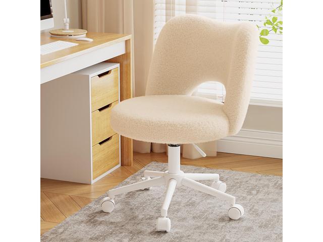 Vanity Chair with Open-Back,Off-White Cute Desk Chair,360° Wheels, Soft Teddy Fleece, Height Adjustable