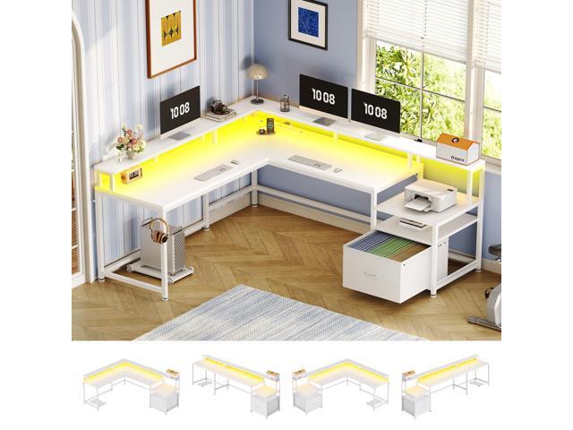 66' L Shaped Desk with Power Outlet, Reversible Home Office Computer Desk with File Drawer & Monitor Shelf, Storage Shelves, LED Lights for Corner...