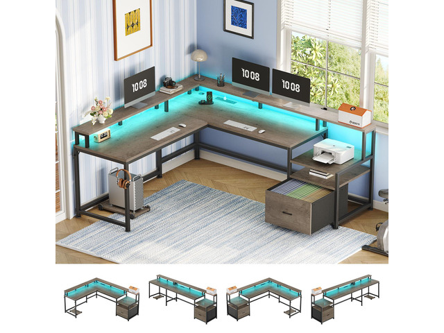 66' L Shaped Desk with Power Outlet, Reversible Home Office Computer Desk with File Drawer & Monitor Shelf, Storage Shelves, LED Lights for Corner...
