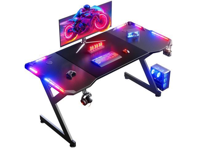 63 INCH Gaming Desk with LED Lights, Home Office Gamer Desk, Ergonomic Computer Table with Large Carbon Fiber Desktop, Office Workstation with...