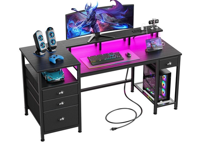 60' Black Computer Desk with 4 Drawers and Printer Space, Gaming Desk with LED Lights and USB Power Outlets, Home Office Desk with Fabric File...