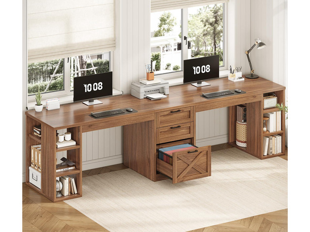 Farmhouse 96.5' Computer Desk with Drawers, 2 Person Home Office Desk, Gaming Double Desk with Storage Shelves, Long Two Person Writing Desk, Brown