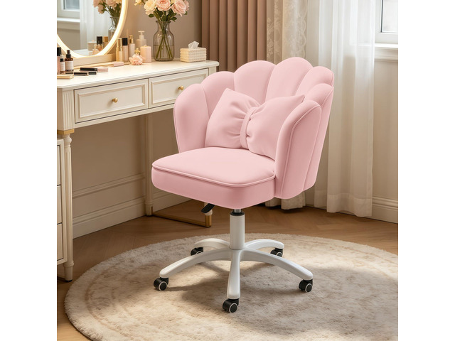 Petal Desk Chair with Bow Cushion Velvet Vanity Chair with Wheels, Upholstered Home Office Chair for Girls Women, Mid-Back Swivel Computer Task...