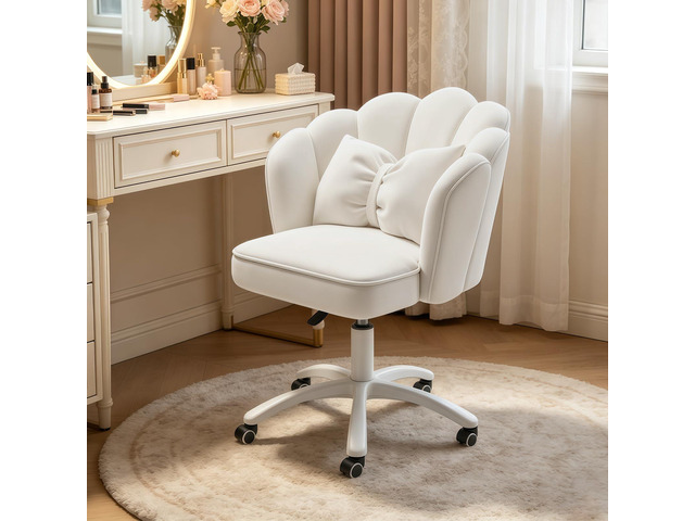 Petal Desk Chair with Bow Cushion Velvet Vanity Chair with Wheels, Upholstered Home Office Chair for Girls Women, Mid-Back Swivel Computer Task...