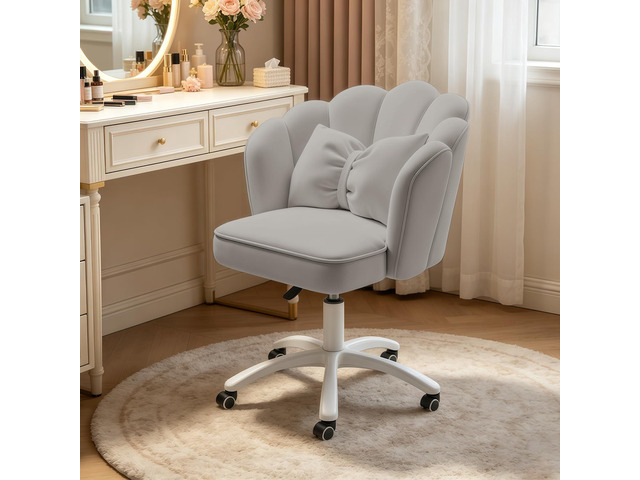 Petal Desk Chair with Bow Cushion Velvet Vanity Chair with Wheels, Upholstered Home Office Chair for Girls Women, Mid-Back Swivel Computer Task...