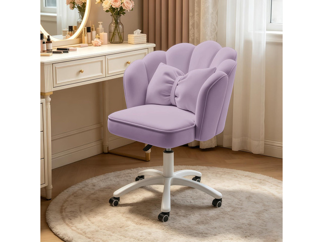 Petal Desk Chair with Bow Cushion Velvet Vanity Chair with Wheels, Upholstered Home Office Chair for Girls Women, Mid-Back Swivel Computer Task...