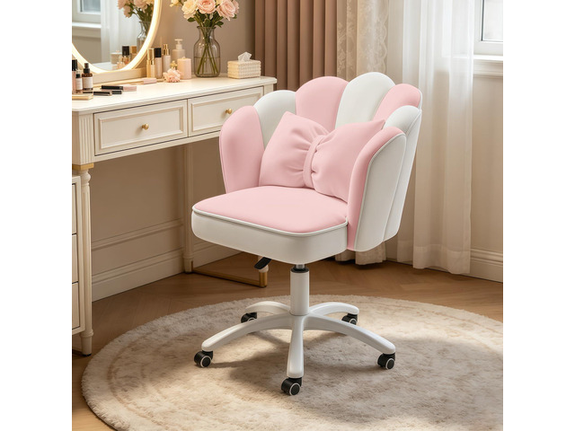 Petal Desk Chair with Bow Cushion Velvet Vanity Chair with Wheels, Upholstered Home Office Chair for Girls Women, Mid-Back Swivel Computer Task...