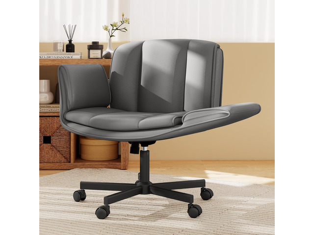 Criss Cross Chair with Wheels & Armrests,Comfy Wide Vanity Chair,Scratch-Resistant Pu Leather Cross Legged Desk Chair,Height Adjustable Computer...