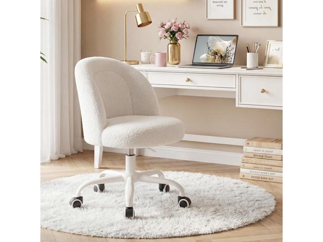 Vanity Chair, Soft Teddy Fleece Makeup Chair with Silent Wheels, Height Adjustable & 360° Swivel, Space-Saving Armless Design, Cream White
