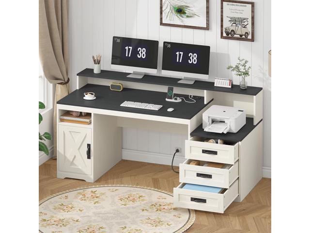 Farmhouse Computer Desk with Drawers, 65'' Home Office Desk with Power Outlets, Storage Cabinet and Printer Stand, Study Writing Desks with Long...