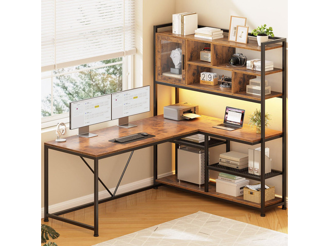 L Shaped Computer Desk, 58'' Office Desk with LED Light and Bookshelf, L Shaped Corner Desk with Storage Shelves for Home Office, Gaming Desk, L...