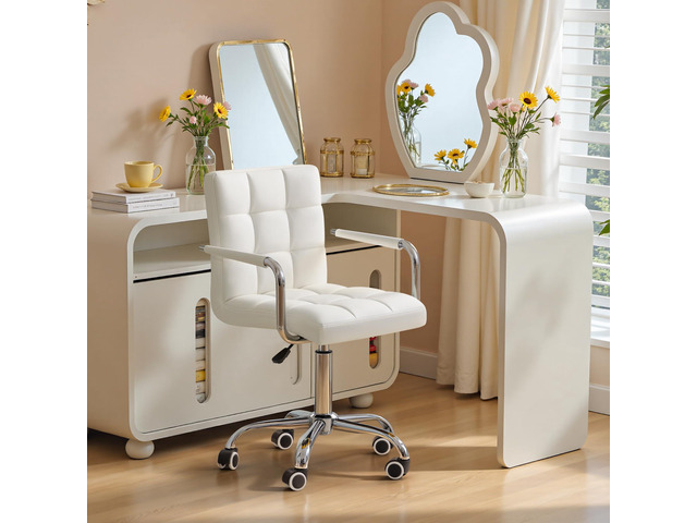 Vanity Office Chair with Wheels, Makeup PU Leather Executive Chair Modern Adjustable Home Desk Retro Comfortable Work Chair 360 Degree Swivel with...