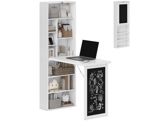 Foldable Convertible Writing Table, Wall Mounted Space-Saving Computer Desk with Chalkboard and Storage Shelves for Small Spaces, Home Office,.