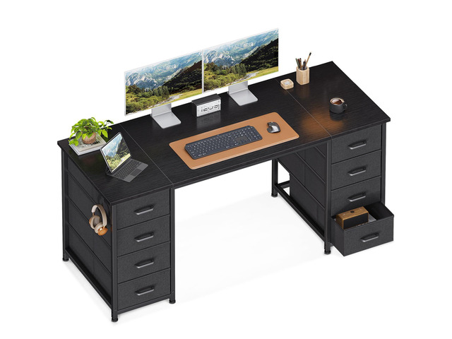 55 Inch Computer Desk with 8 Fabric Drawers, Modern Office Desk with Large Storage for Home Office, Study, Gaming, Black