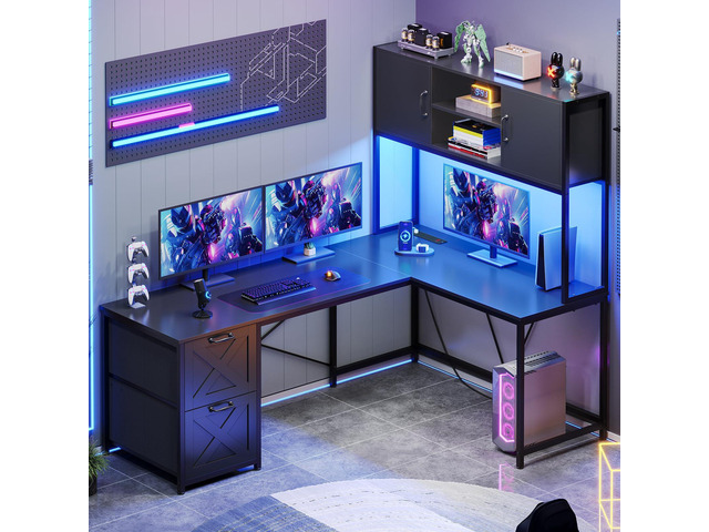 Corner Computer Desk, Reversible L Shaped Computer Desk with Fabric Drawers and Power Outlet, Gaming Desk with Led Lights, Hutch and Storage Shelf...