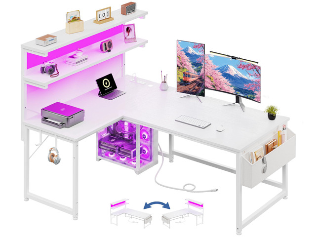 L Shaped Desk Computer Desk with LED Light & Power Outlet, 43.3 Inch Reversible White Desk with Shelf & Storage Bag & Hook for Home Office, White