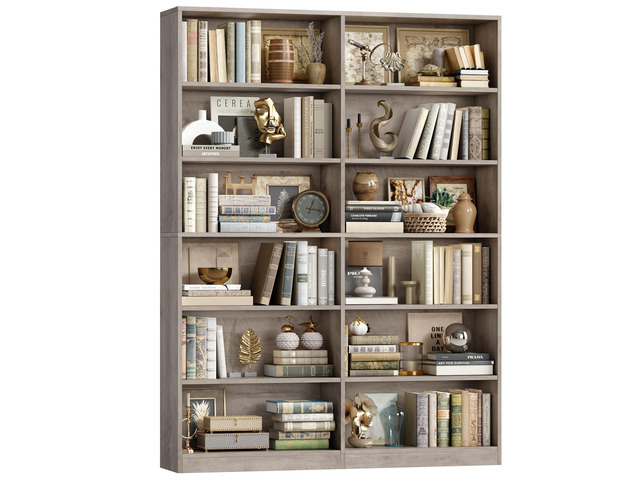 Bookshelf and Bookcase, 6-Tier Double Wide Bookshelves, Freestanding Display Storage Shelves, Tall Bookcases for Home Decor Bedroom, Living Room,...
