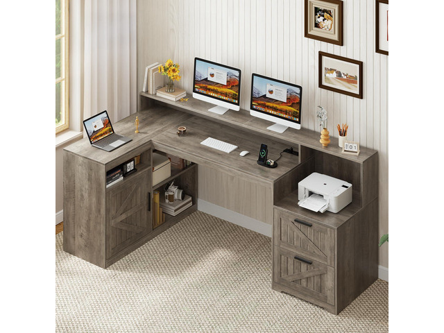 Farmhouse L Shaped Desk with Drawers, 62.2' Home Office Desk with Storage Shelves and Power Outlet, L Shaped Computer Desk with Monitor Stand and...