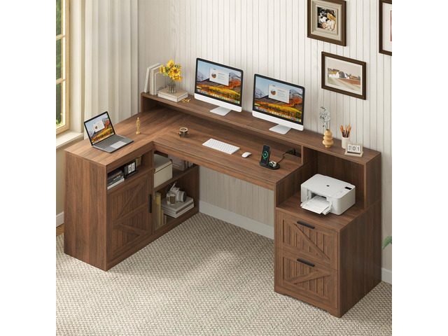 Farmhouse L Shaped Desk with Drawers, 62.2' Home Office Desk with Storage Shelves and Power Outlet, L Shaped Computer Desk with Monitor Stand and...