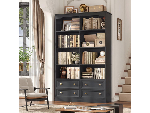 71' Black Bookshelf with 4 Drawers, 6-Tier Double Wide Bookshelves and Bookcases with Storage, Tall Bookshelf Large Open Bookshelves Standing Book...