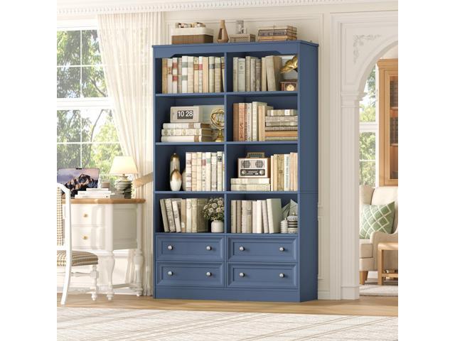 71' Tall Bookshelf with 4 Drawers, 6-Tier Double Wide Bookshelves and Bookcases with Storage, Blue Bookshelf Large Open Bookshelves Standing Book.