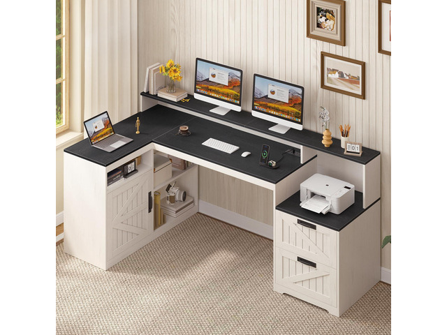 Farmhouse L Shaped Desk with Drawers, 62.2' Home Office Desk with Storage Shelves and Power Outlet, L Shaped Computer Desk with Monitor Stand and...