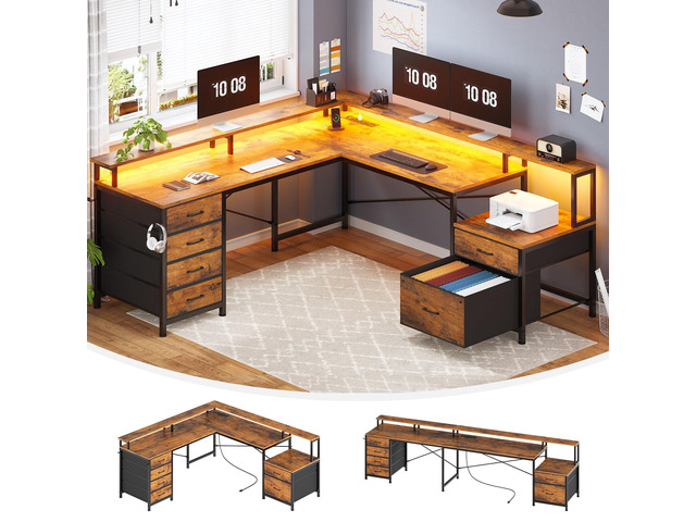 L Shaped Desk with 6 Drawer, 108' Home Office Desk with File Drawer & Power Outlet, Corner Computer Desk with Monitor Shelf, Two Person Desk,...