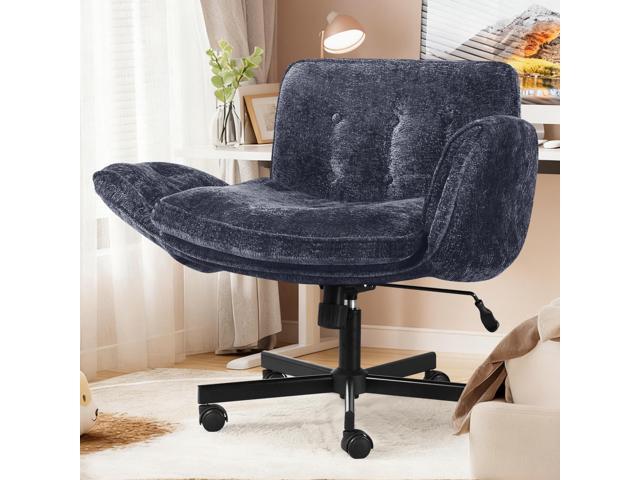 Criss Cross Chair with Wheels & Arms, Chenille Cross Legged Office Chair with 5-level Folding Armrest, Comfortable Adjustable Swivel Vanity Chair.