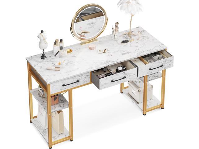 Vanity Desk with 3 Fabric Drawers & Storage Shelves, Makeup Dressing Table, Home Office Desks for Bedroom, Small Modern Writing Desk for Girls.