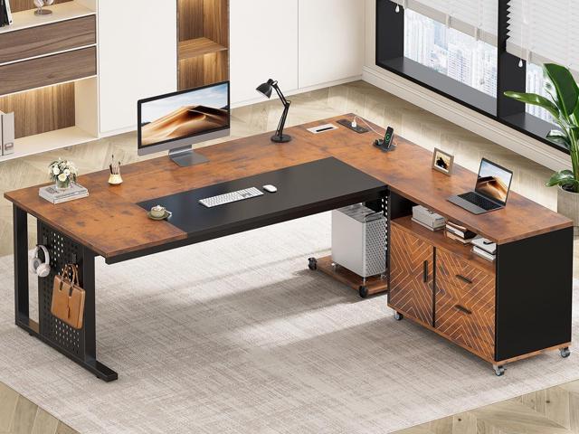 71' Executive Desk with Rolling File Cabinet, Large Office Desk with Drawers, L Shaped Computer Desk with Power Outlets, CPU Stand, Pegboard and...