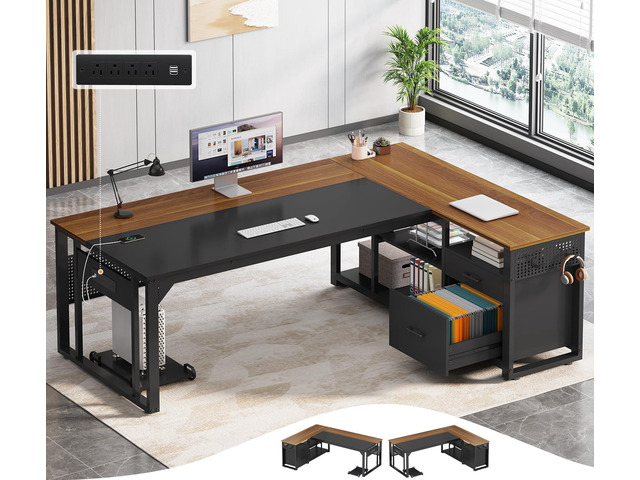 71 in Executive Desk with Power Outlets, Reversible L Shaped Computer Desk with File Drawers & Storage Shelves, Large Office Desk with Pegboard,...