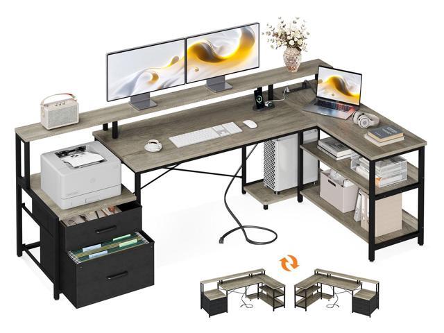 75' L Shaped Desk with File Drawers, Work from Home Office Desk with Power Outlet, Reversible Computer Desk with Storage Shelves, Gaming Desk with...