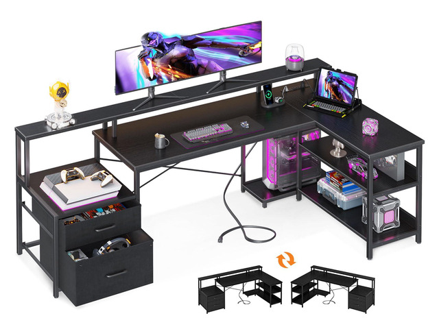 75' L Shaped Desk with File Drawers, Work from Home Office Desk with Power Outlet, Reversible Computer Desk with Storage Shelves, Gaming Desk with...