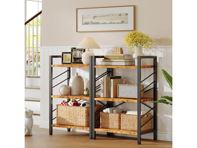 2 Pieces Book Shelf, 3 Tier Industrial Bookcase with Metal Frame and Sidebars, Small Bookshelf for Living Room, Bedroom, Home Office, Rustic Brown
