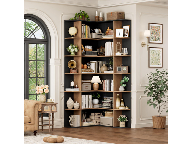 72 Tall Corner Bookshelf, 6-Tier Bookshelf and Bookcase with Open Storage, Tall Bookcases Wooden Storage Shelves for Home Office, Thickened Boards...