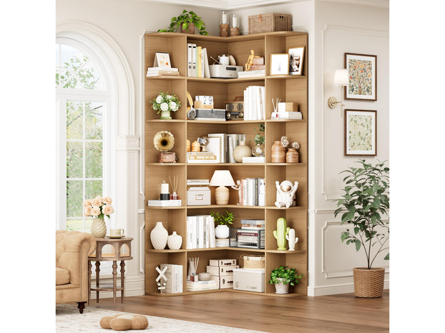 72 Tall Corner Bookshelf, 6-Tier Bookshelf and Bookcase with Open Storage, Tall Bookcases Wooden Storage Shelves for Home Office, Thickened Boards...