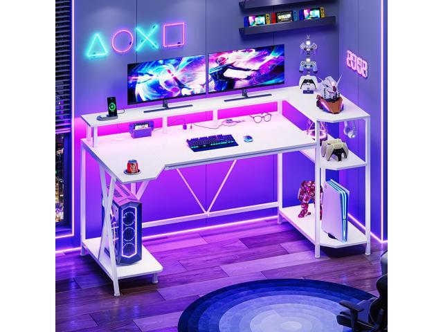 White Gaming Desk 55'' with LED Lights and Storage Shelves, Computer Desk with Monitor Stand, Power Outlets and Cup Holder, Large PC Gamer Desk,...