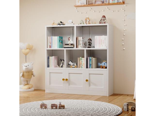 Kids Bookshelf and Toy Storage Organizer with 3 Cabinet and 5 Open Cubbies,Kids Toys Storage Organizer Shelf with Corner Guard,Multifunctional...