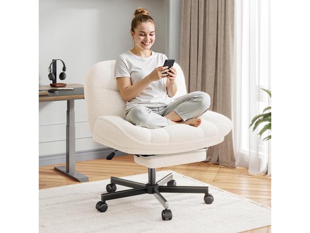 Cross Legged Office Chair with Foot Rest, 6.3' Thick Cushioned Criss Cross Chair with Wheels, Height Adjustable Swivel Vanity Chair for All-Day...