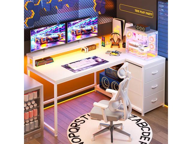48' Reversible L-Shaped Computer Desk with 40-Mode RGB LED,3AC &1 Type-C Charging Station, 3 Drawers, 35.4''Monitor Riser, White Desk for Gaming,...