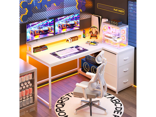 L Shaped Gaming Desk with 3 Drawers & Power Outlet, 40Inch White Computer Desk with LED Lights Reversible Office Desk with Monitor Stand for...