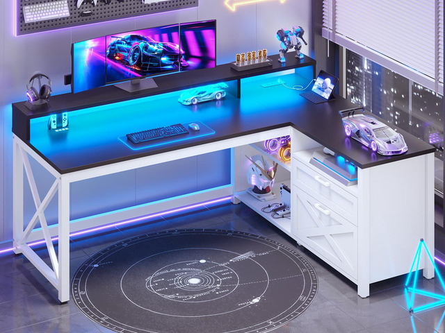 Corner Computer Desk, 55' L Shaped Gaming Desk with Storage Drawers and Power Outlet, Farmhouse Corner Gaming Desk with Storage Shelves and LED...