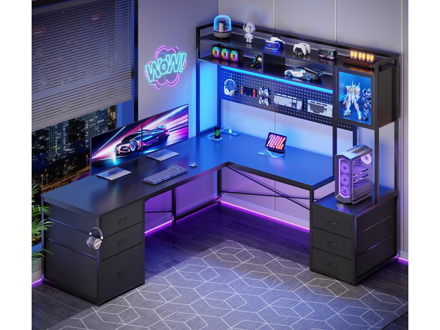 L Shaped Gaming Desk with Drawers, Reversible Computer Corner Desk with File Drawer, Hutch, Storage Shelves for Home Office, Gaming Two Person Desk...