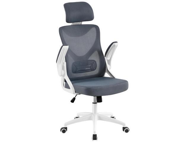Ergonomic Office Chair with Headrest, Lumbar Support, White/Gray Breathable mesh high-back adjustable headrest, padded seat, and flip-up armrests.