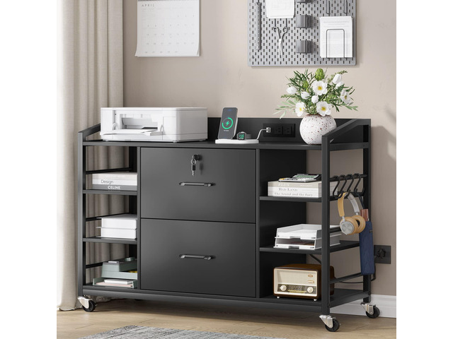 44' File Cabinet, Filing Cabinets fits Legal, Letter, A4 Size, 2 Drawer Office File Cabinet for Home Office with Lock, Power Strip, 6 Adjustable...