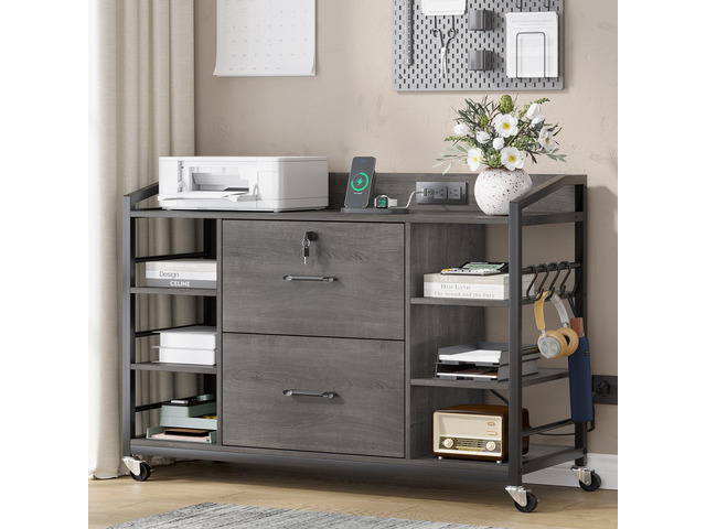 44' File Cabinet, Filing Cabinet fits Legal/Letter Size, 2 Drawer File Cabinets for Home Office with Lock, Power Strip, 6 Storage Shelves, Grey