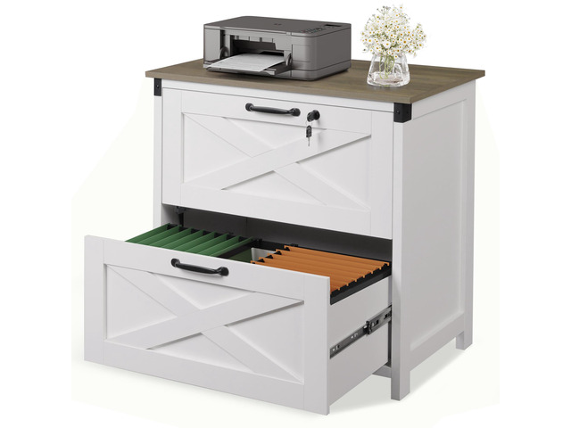 2 Drawer File Cabinet, Lateral Wood Filing Storage Cabinet with Lock, Farmhouse Printer Stand for Home Office Fits Letter/Legal/A4 Size, White